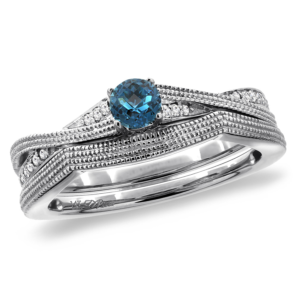 14K White Gold Diamond Natural London BlueTopaz 2pc Engagement Ring Set Round 4 mm, sizes 5 - 10