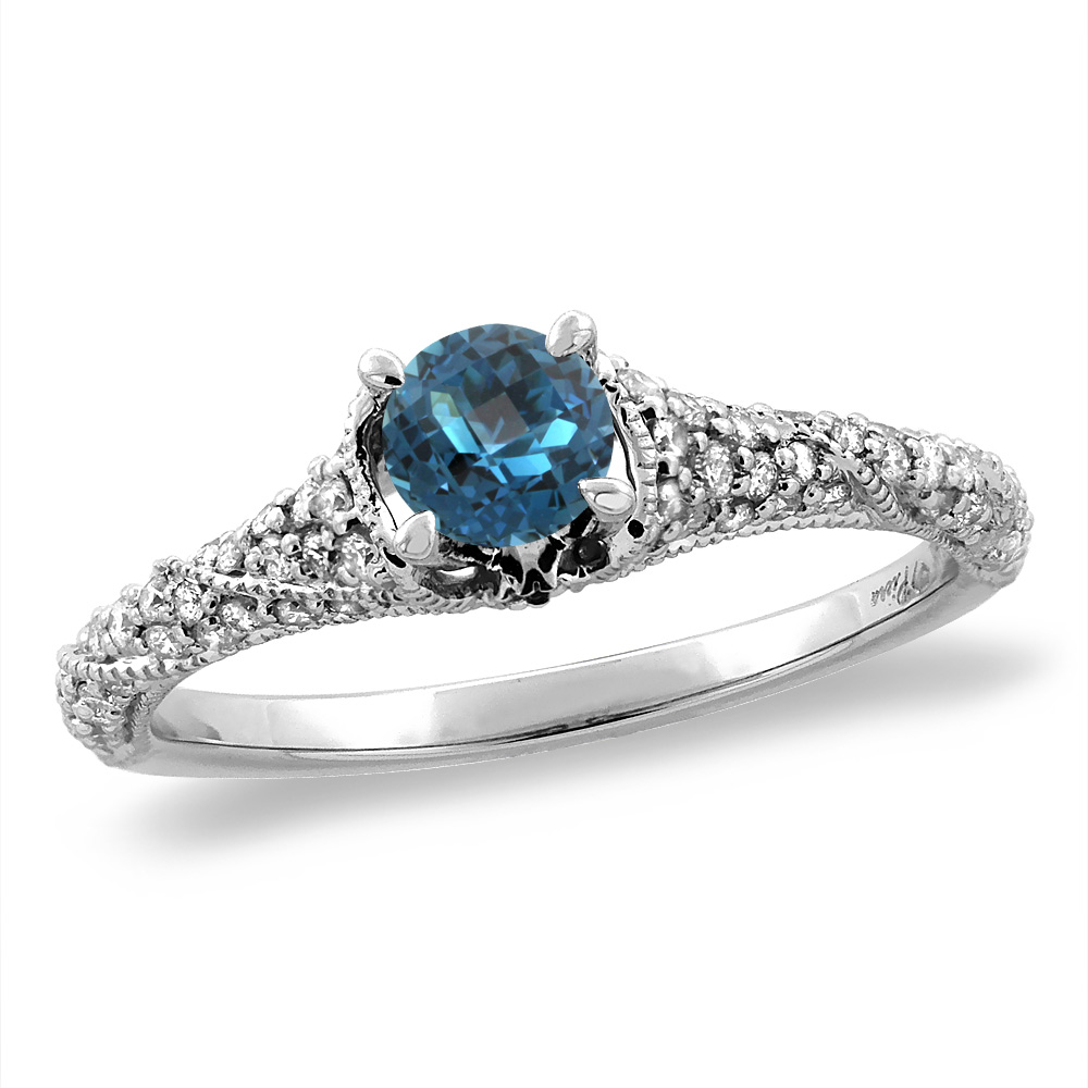 14K White/Yellow Gold Diamond Natural London Blue Topaz Engagement Ring Round 4 mm, sizes 5 -10