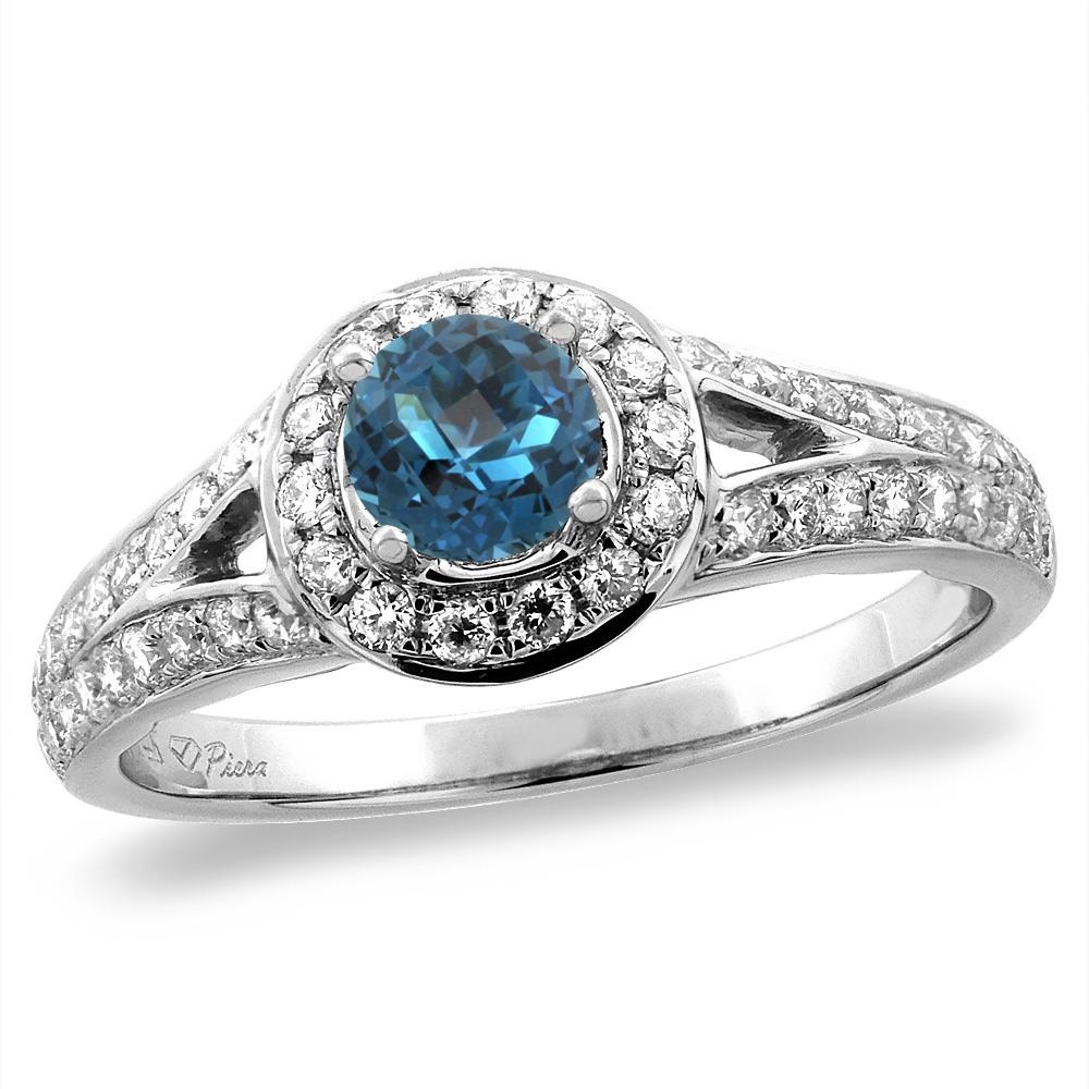 14K White/Yellow Gold Diamond Natural London Blue Topaz Halo Engagement Ring Round 4 mm,size 5 -10