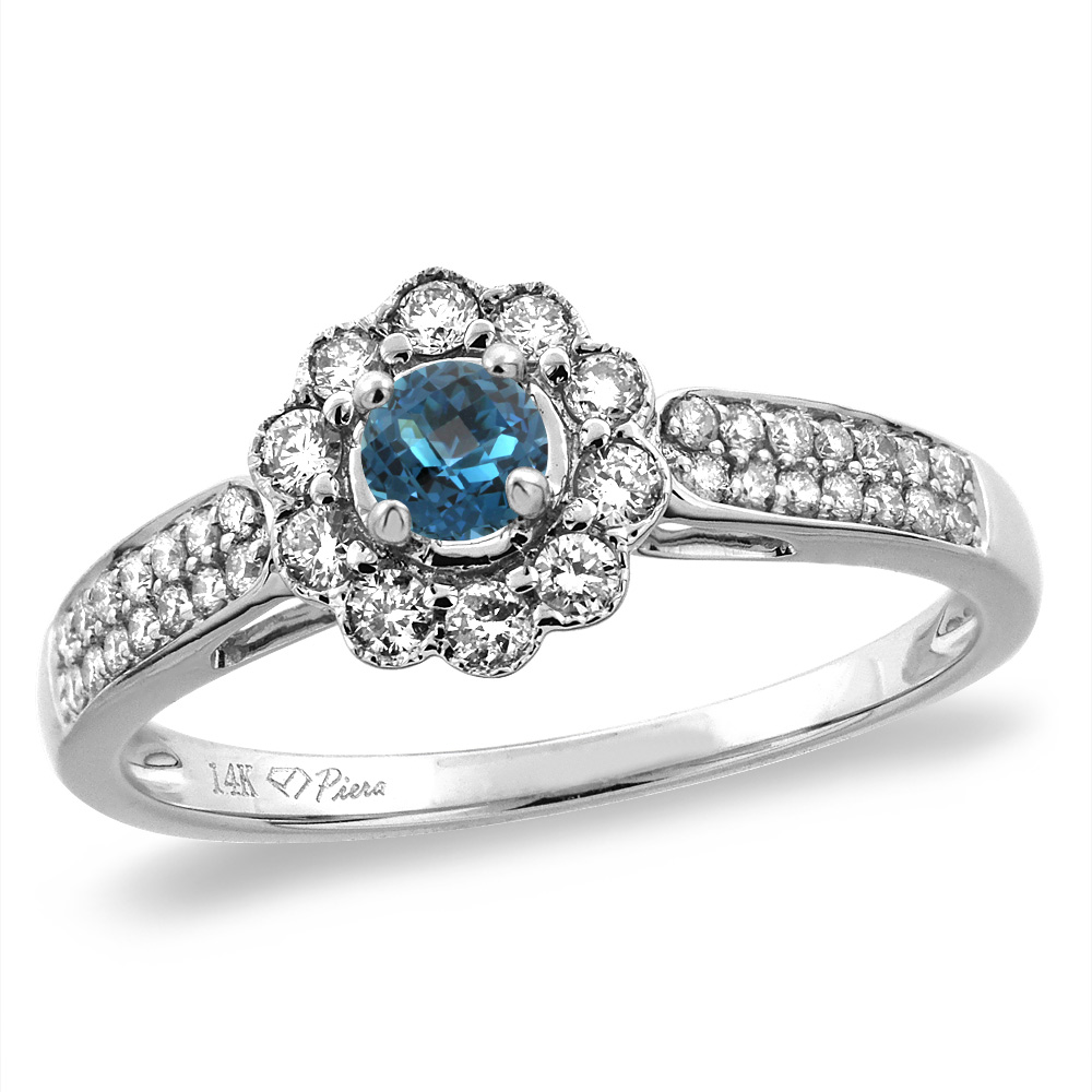 14K White/Yellow Gold Natural London Blue Topaz Engagement Ring Round 4 mm, sizes 5 -10