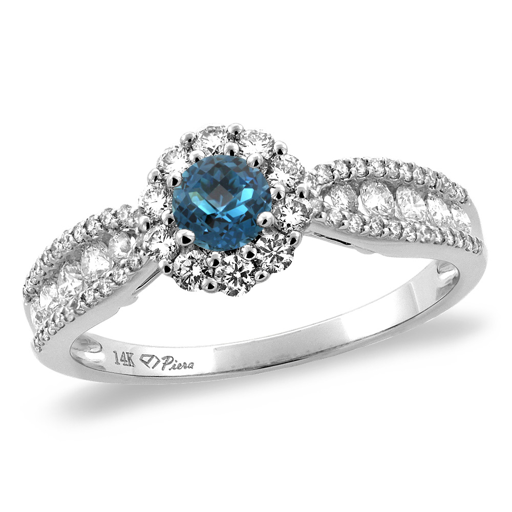 14K White/Yellow Gold Natural London Blue Topaz Halo Engagement Ring Round 4 mm, sizes 5 -10