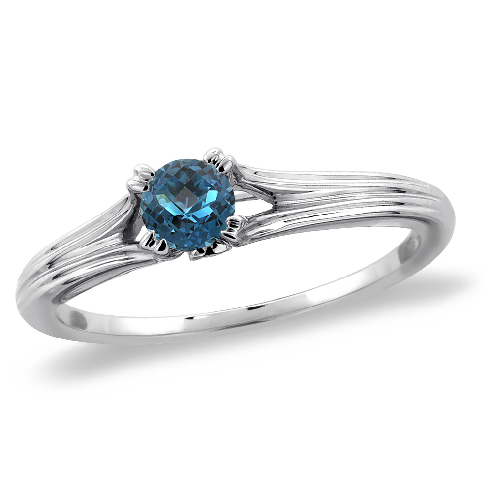 14K White Gold Diamond Natural London Blue Topaz Solitaire Engagement Ring Round 4 mm, sizes 5 -10