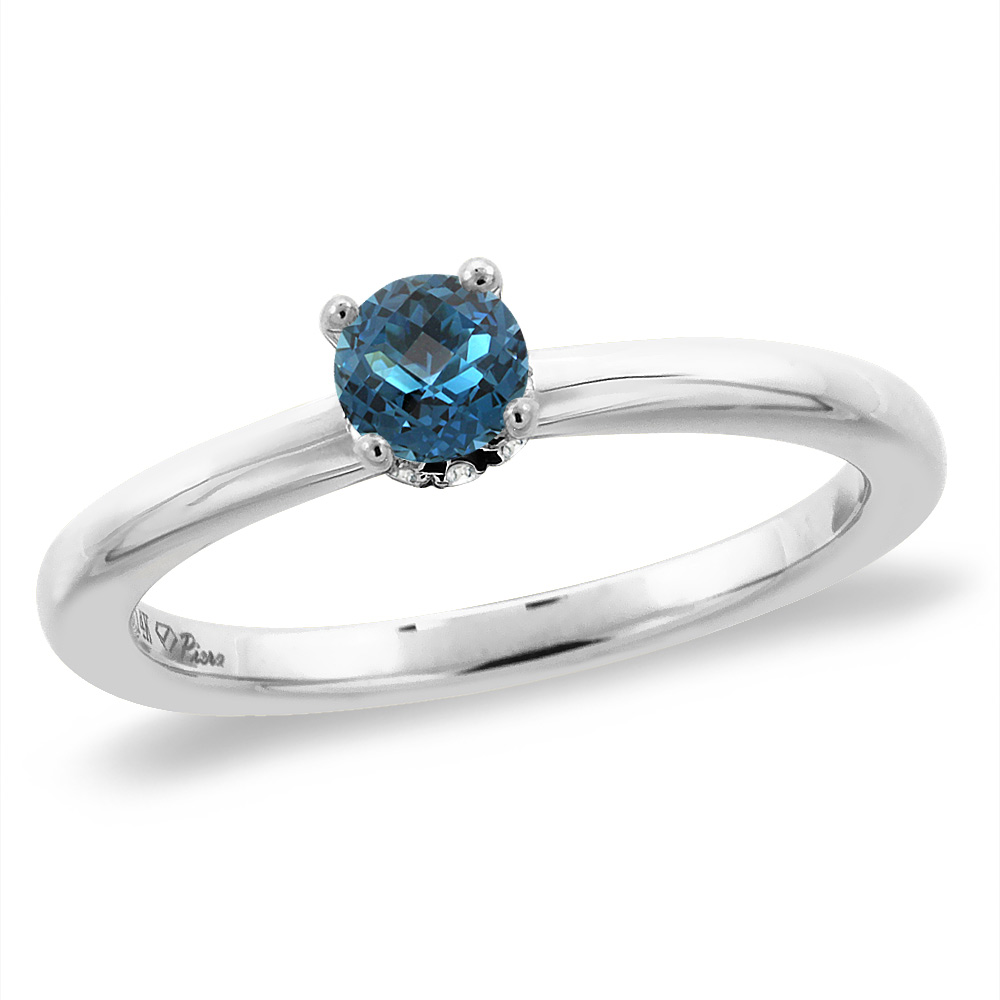 14K White Gold Diamond Natural London Blue Topaz Solitaire Engagement Ring Round 4 mm, sizes 5 -10