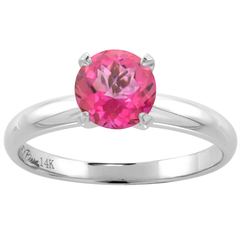 14K White Gold Natural Pink Topaz Solitaire Engagement Ring Round 7 mm, sizes 5-10