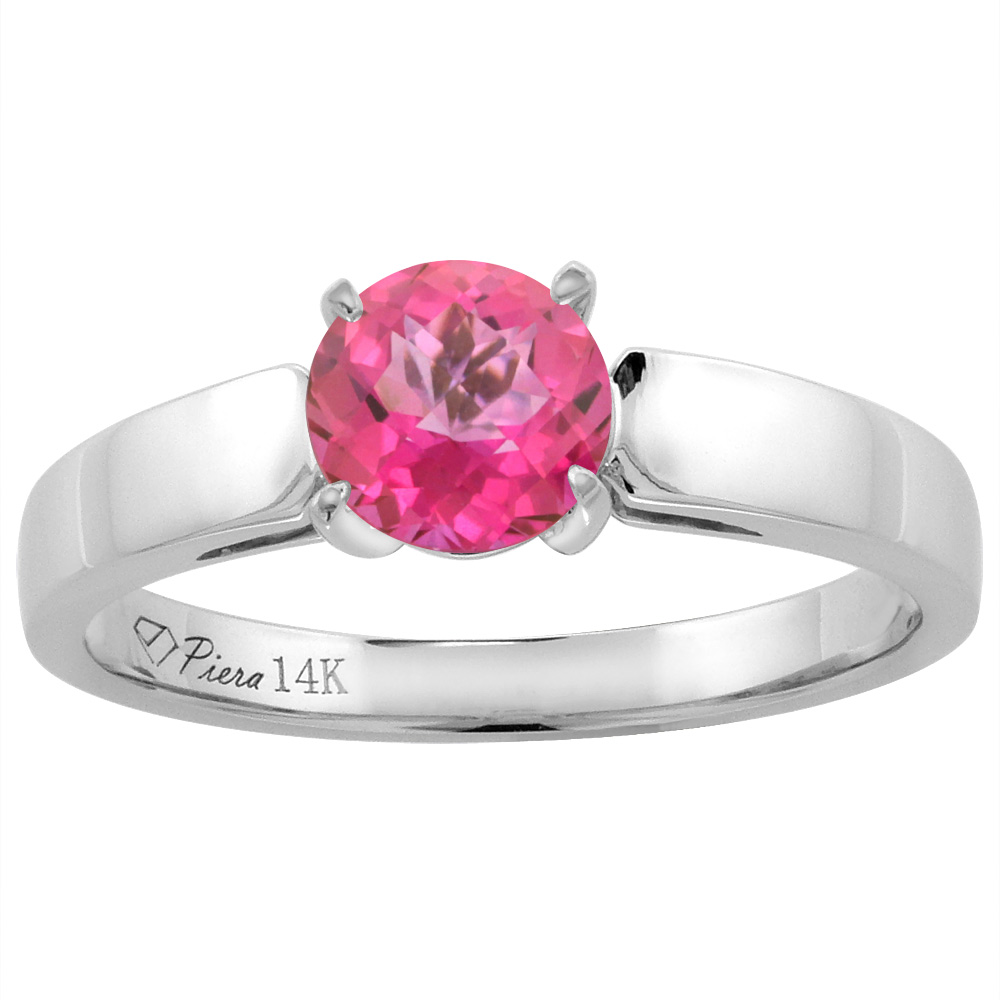14K White Gold Natural Pink Topaz Solitaire Engagement Ring Round 7 mm, sizes 5-10