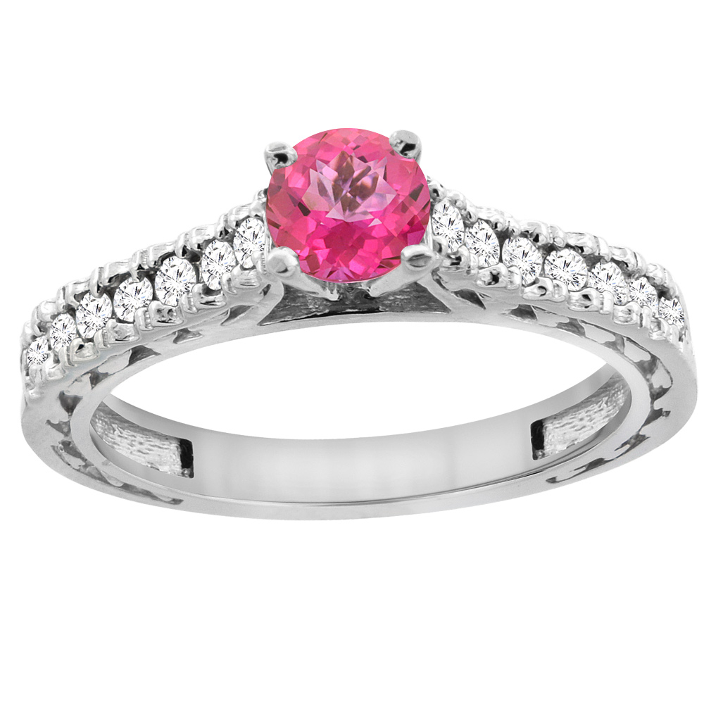 14K White Gold Natural Pink Topaz Round 5mm Engraved Engagement Ring Diamond Accents, sizes 5 - 10