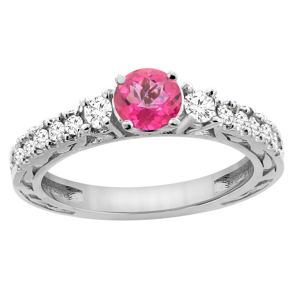 14K White Gold Natural Pink Topaz Round 6mm Engraved Engagement Ring Diamond Accents, sizes 5 - 10