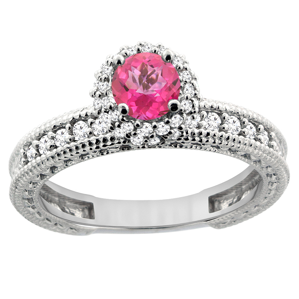 14K White Gold Natural Pink Topaz Round 5mm Engagement Ring Diamond Accents, sizes 5 - 10