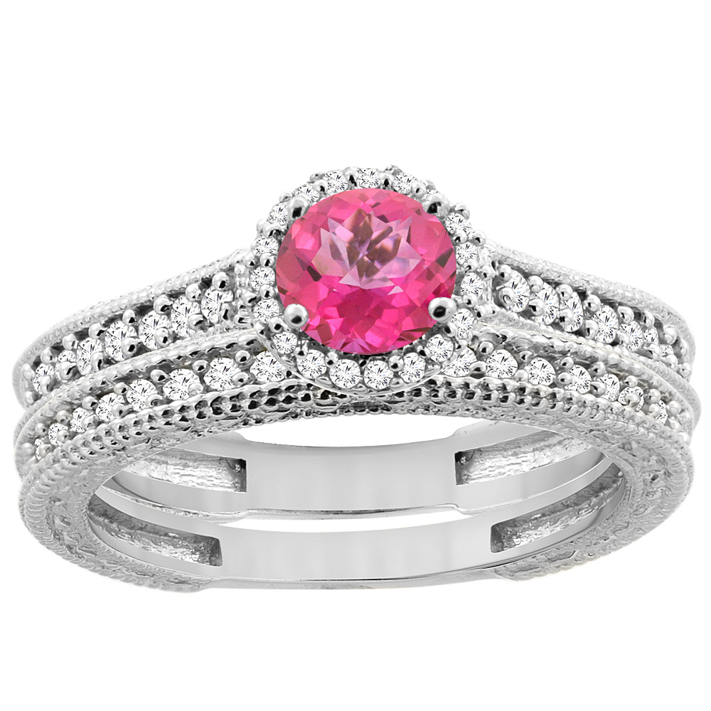 14K White Gold Natural Pink Topaz Round 5mm Engagement Ring 2-piece Set Diamond Accents, sizes 5 - 10