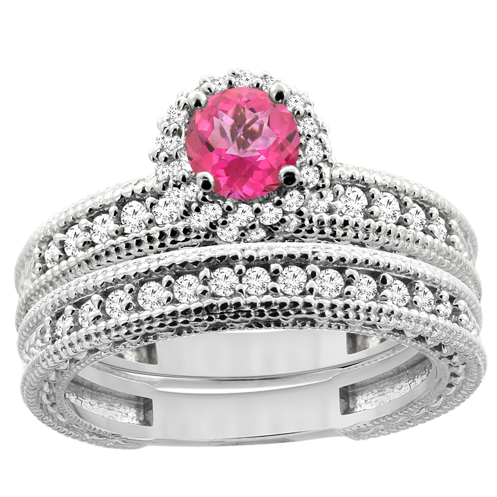 14K White Gold Diamond Natural Pink Topaz Round 4mm Engagement Ring 2-piece Set, sizes 5 - 10