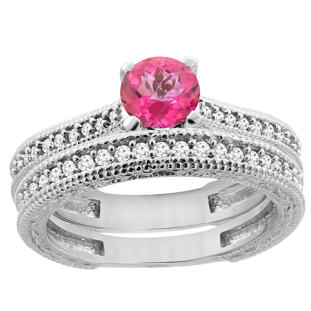 14K White Gold Natural Pink Topaz Round 5mm Engraved Engagement Ring 2-piece Set Diamond Accents, sizes 5 - 10