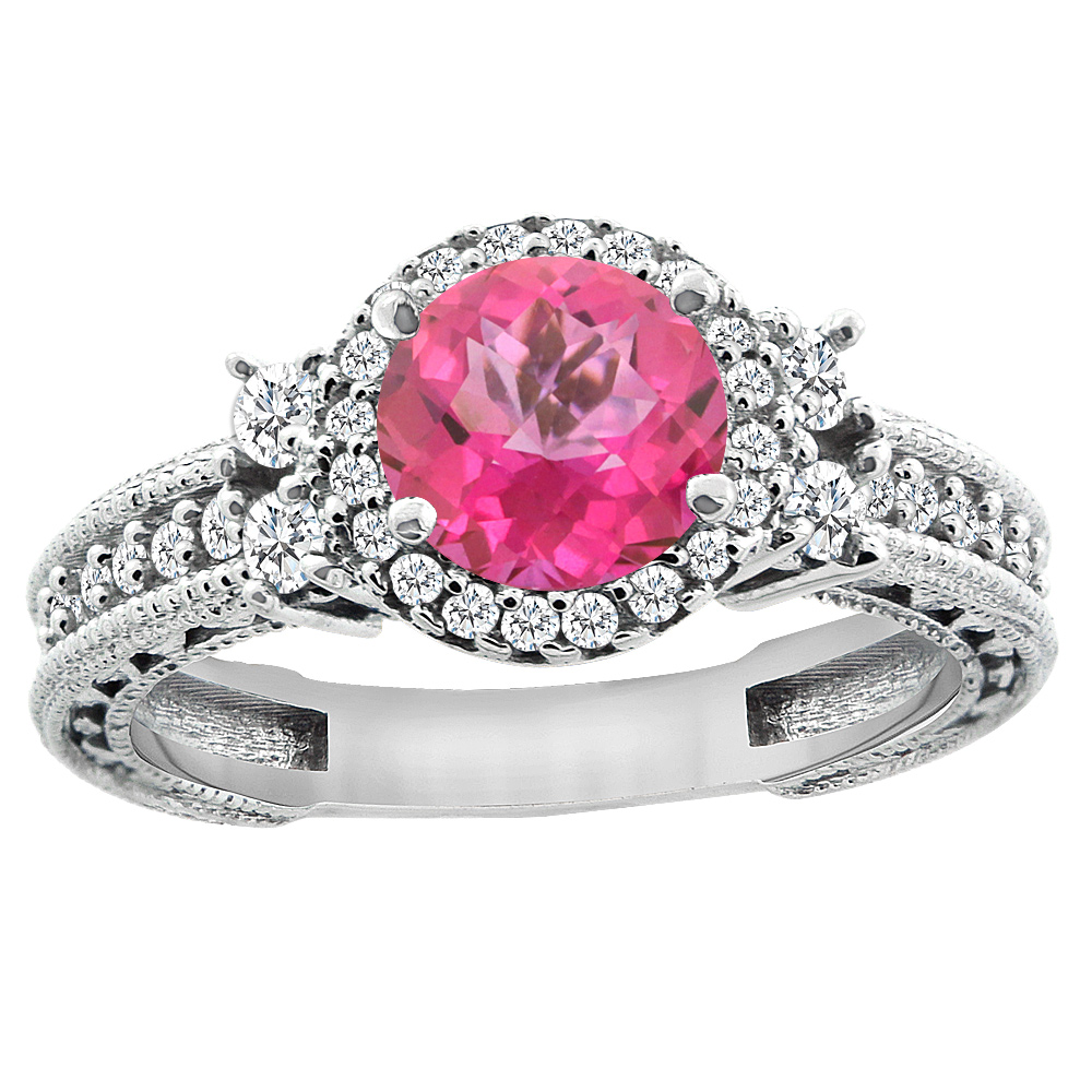 14K White Gold Natural Pink Topaz Halo Engagement Ring Round 6mm Diamond Accents, sizes 5 - 10