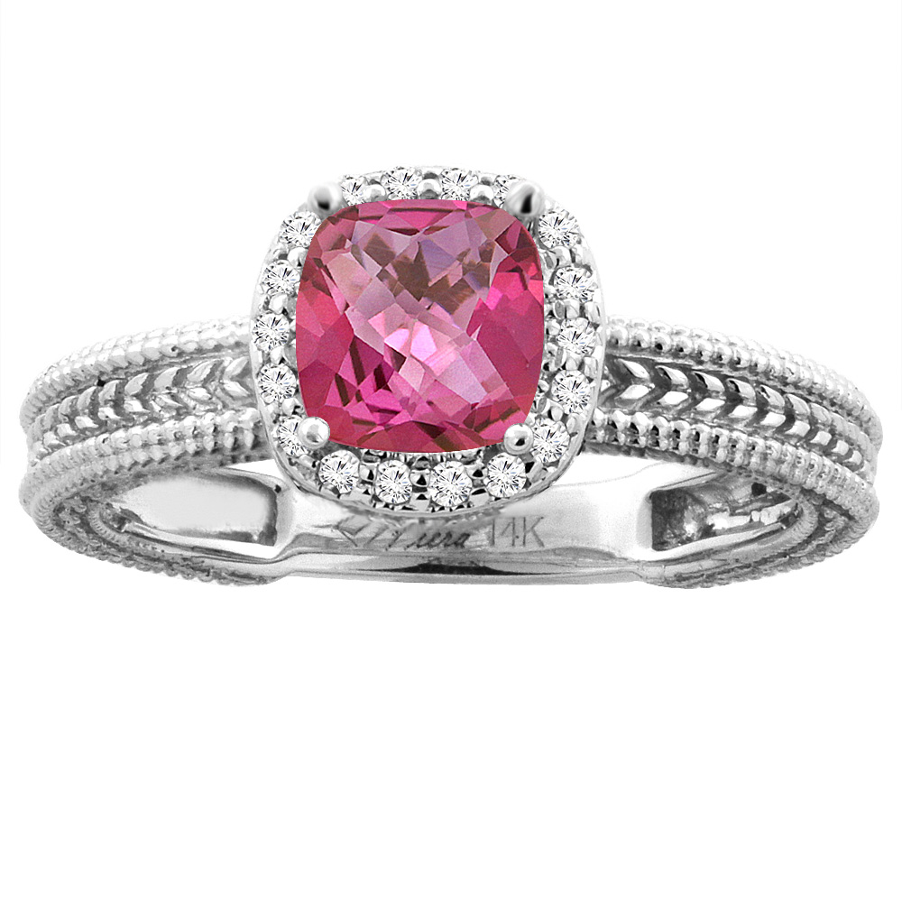 14K White Gold Diamond Natural Pink Topaz Engagement Ring Cushion 7x7 mm, sizes 5-10