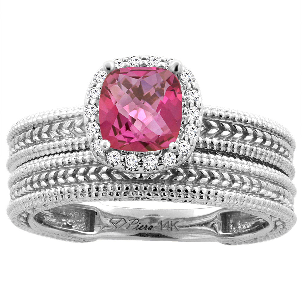 14K White Gold Diamond Natural Pink Topaz 2-pc Engagement Ring Set Cushion 7x7 mm, sizes 5-10