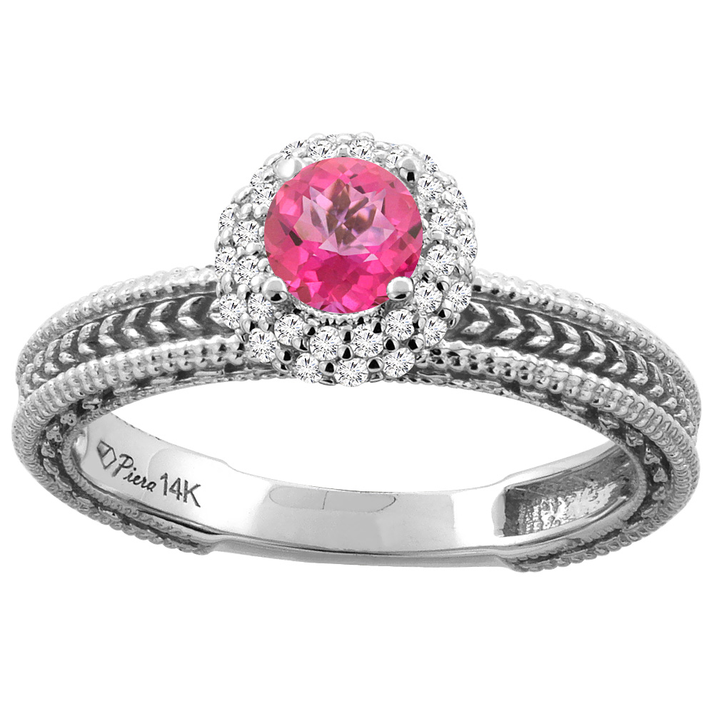 14K Yellow Gold Natural Pink Topaz &amp; Diamond Engagement Ring Round 5 mm, sizes 5-10