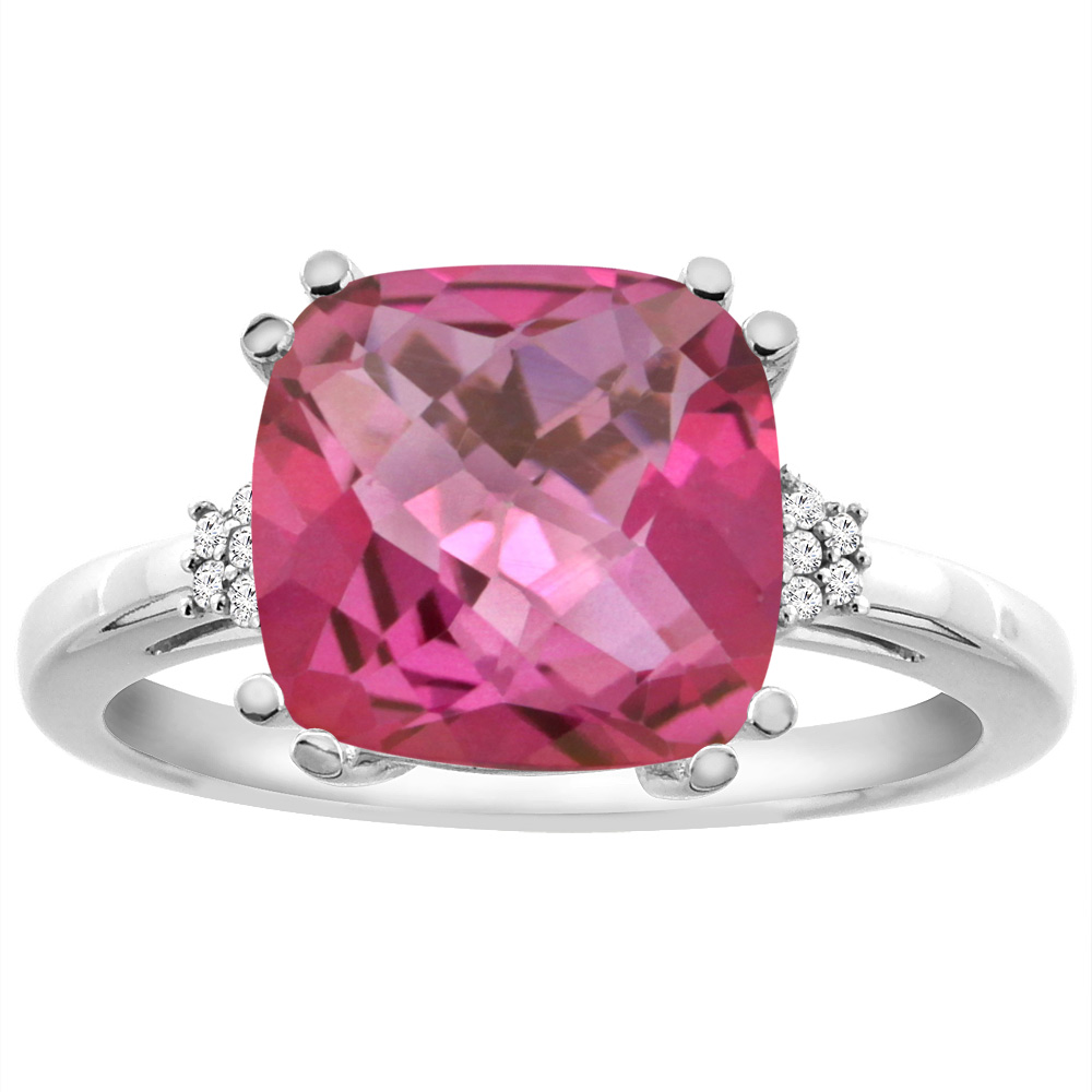 14K White Gold Diamond Natural Pink Topaz Engagement Ring Cushion-cut 10x10 mm, sizes 5-10