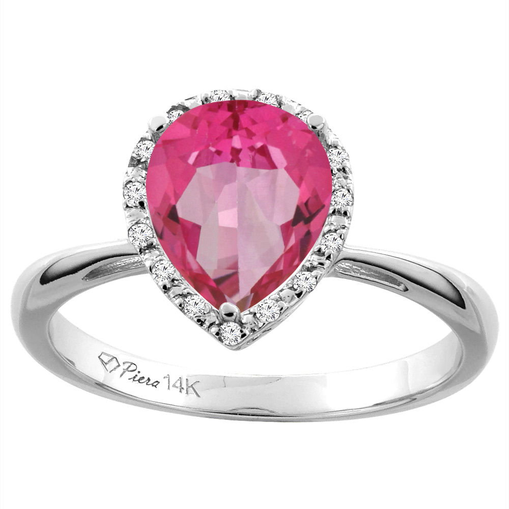 14K White Gold Natural Pink Topaz & Diamond Halo Engagement Ring Pear Shape 9x7 mm, sizes 5-10