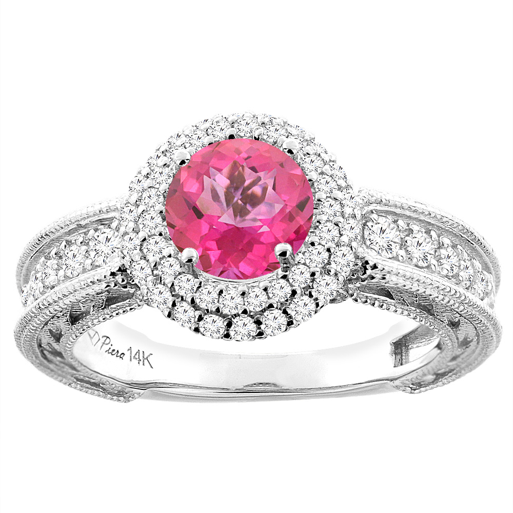 14K White Gold Natural Pink Topaz & Diamond Halo Ring Round 6 mm, sizes 5-10