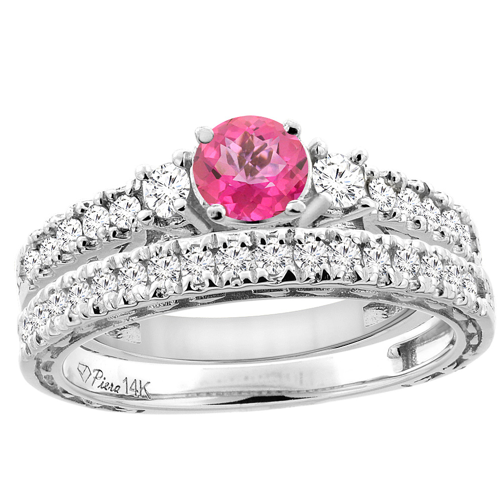14K White Gold Diamond Natural Pink Topaz Engagement 2-pc Ring Set Engraved Round 6 mm, sizes 5 - 10