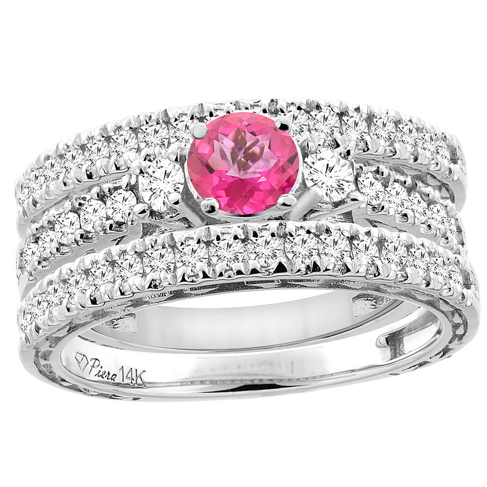 14K Yellow Gold Diamond Natural Pink Topaz Engagement 3-pc Ring Set Engraved Round 6 mm, sizes 5 - 10