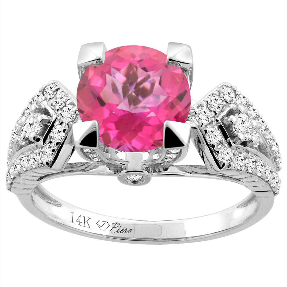 14K Gold Natural Pink Topaz Ring Round 7 mm Diamond Accents, sizes 5 - 10