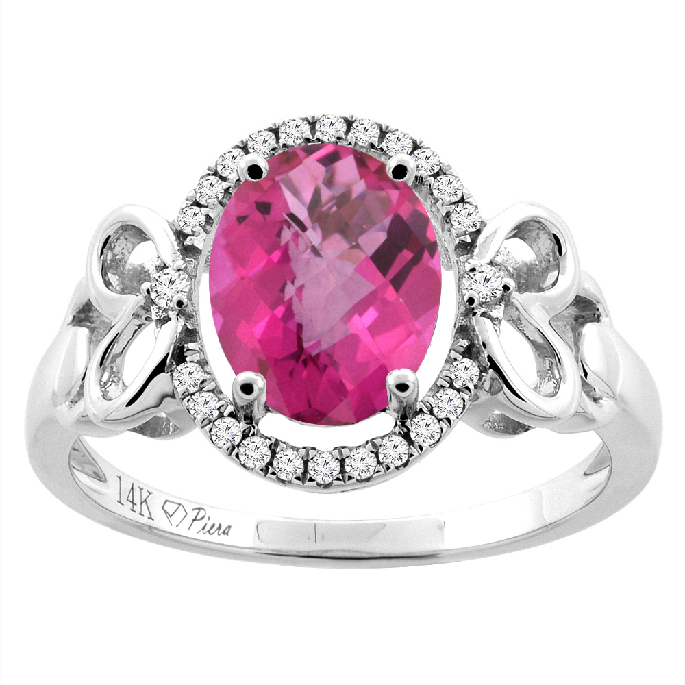 14K Gold Natural Pink Topaz Halo Ring Oval 9x7 mm Diamond & Heart Accents, sizes 5 - 10