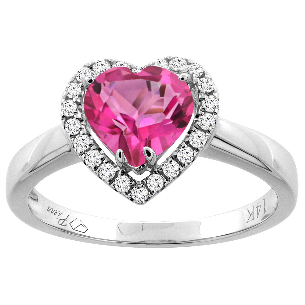 14K Gold Natural Pink Topaz Halo Ring Heart 7x7 mm Diamond Accents, sizes 5 - 10