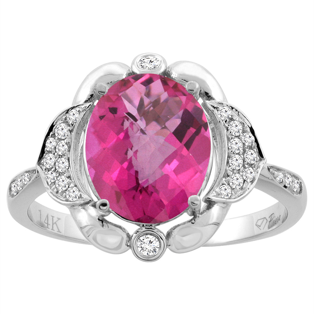 14K White Gold Diamond Natural Pink Topaz Engagement Ring Oval 10x8mm, sizes 5-10