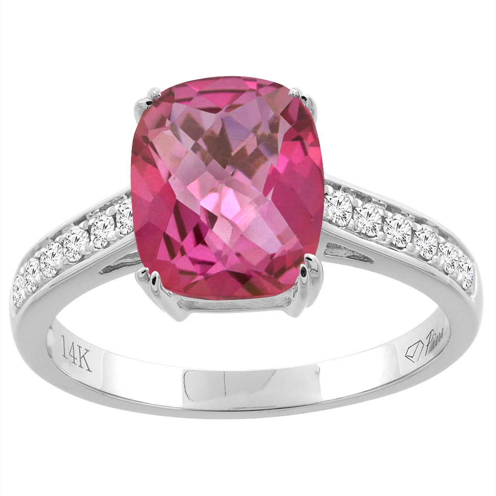 14K Gold Natural Pink Topaz Ring Cushion Cut 9x7 mm Diamond Accents, sizes 5 - 10