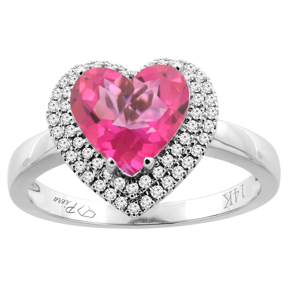 14K Gold Natural Pink Topaz Ring Heart Shape 8 mm Diamond Accents, sizes 5 - 10