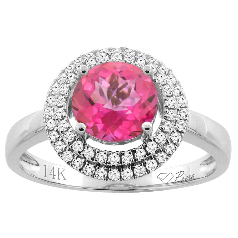 14K Gold Natural Pink Topaz Ring Round 7 mm Double Halo Diamond Accents, sizes 5 - 10