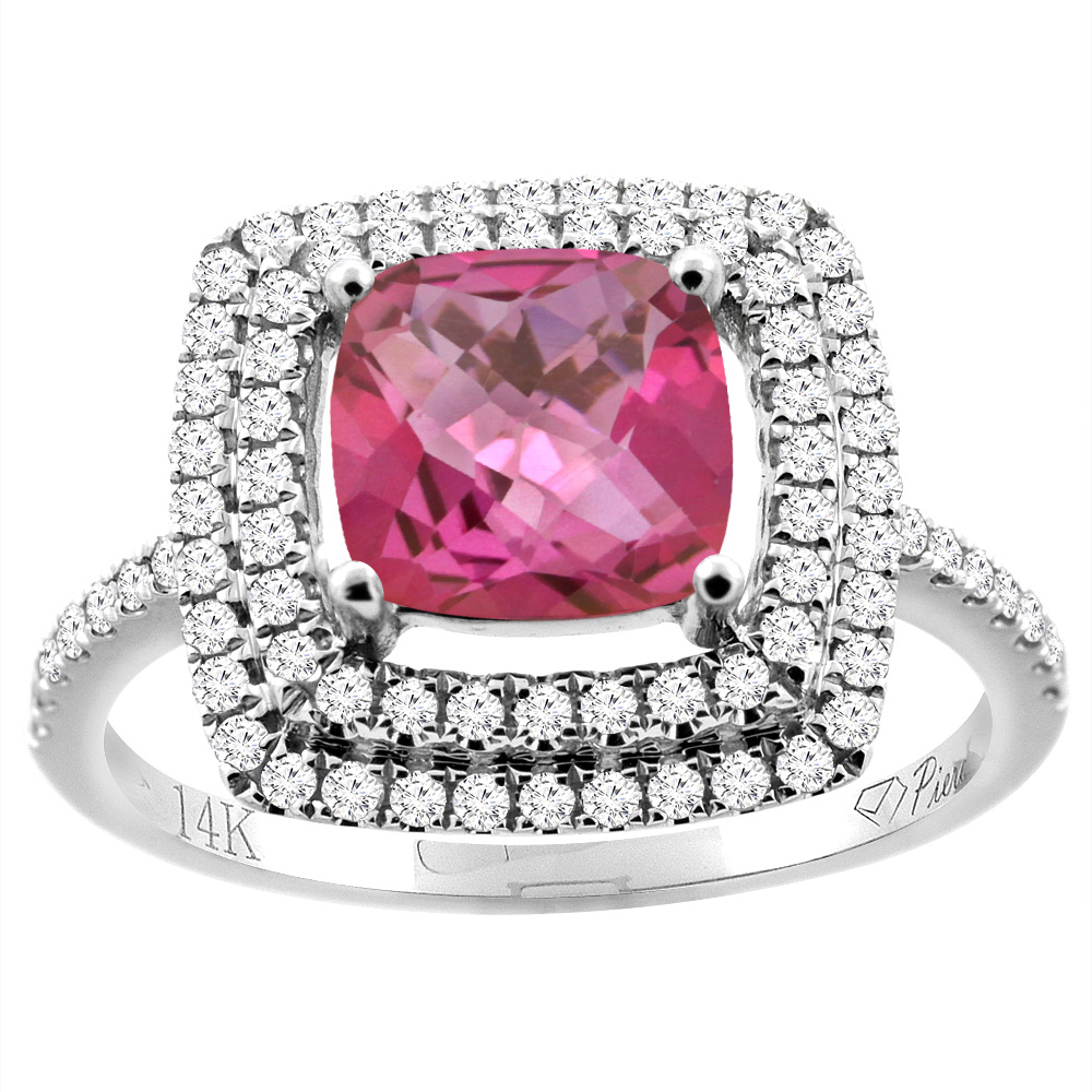 14K Gold Natural Pink Topaz Ring Cushion Cut 7x7 mm Double Halo Diamond Accents, sizes 5 - 10