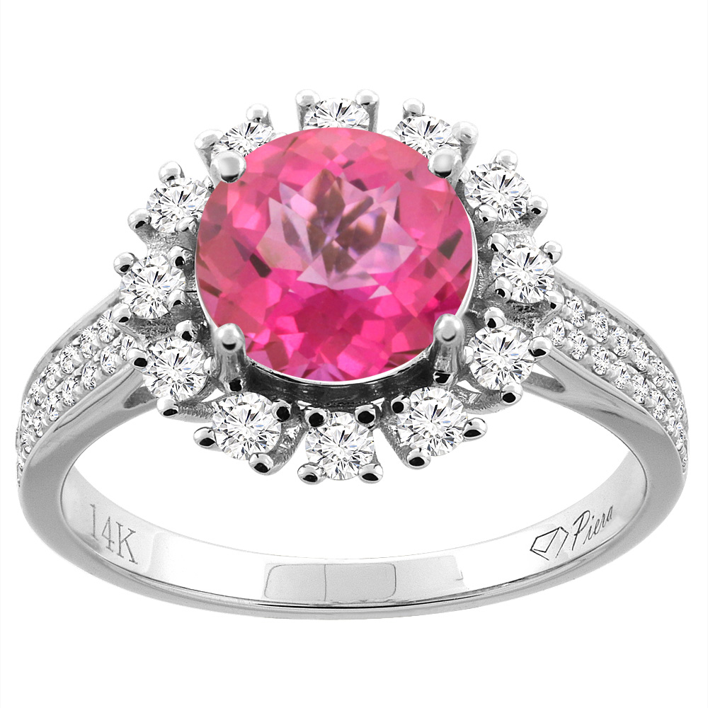 14K Gold Natural Pink Topaz Ring Round 8 mm Diamond Accents, sizes 5 - 10