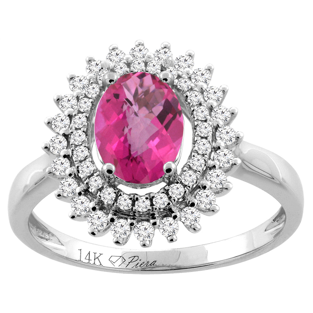 14K Gold Natural Pink Topaz Ring Oval 8x6 mm Double Halo Diamond Accents, sizes 5 - 10