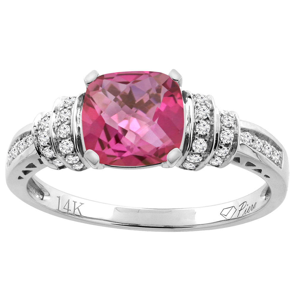 14K Gold Natural Pink Topaz Ring Cushion Cut 7x7 mm Diamond Accents, sizes 5 - 10