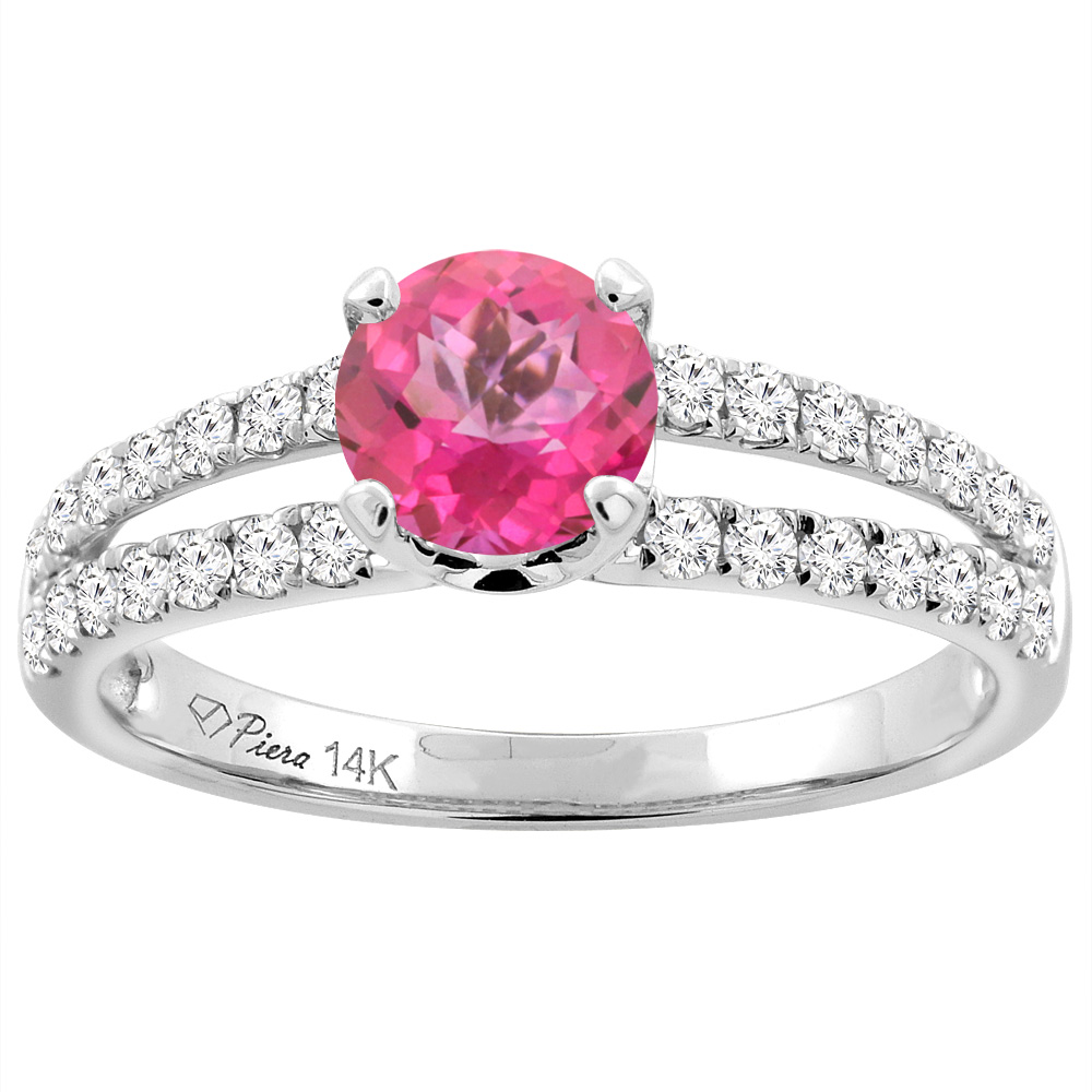 14K White Gold Natural Pink Topaz Engagement Ring Round 6 mm Split Shank Diamond Accents, sizes 5 - 10