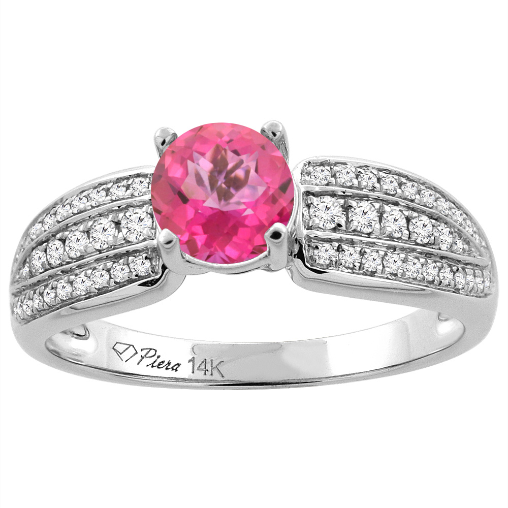 14K White Gold Natural Pink Topaz Engagement Ring Round 6 mm 3-row Diamond Accents, sizes 5 - 10
