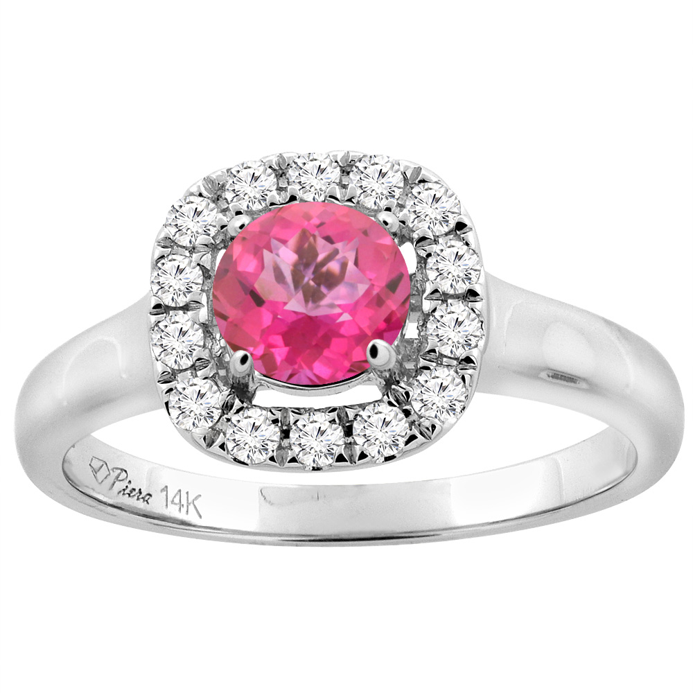 14K White Gold Natural Pink Topaz Halo Engagement Ring Round 6 mm Diamond Accents, sizes 5 - 10