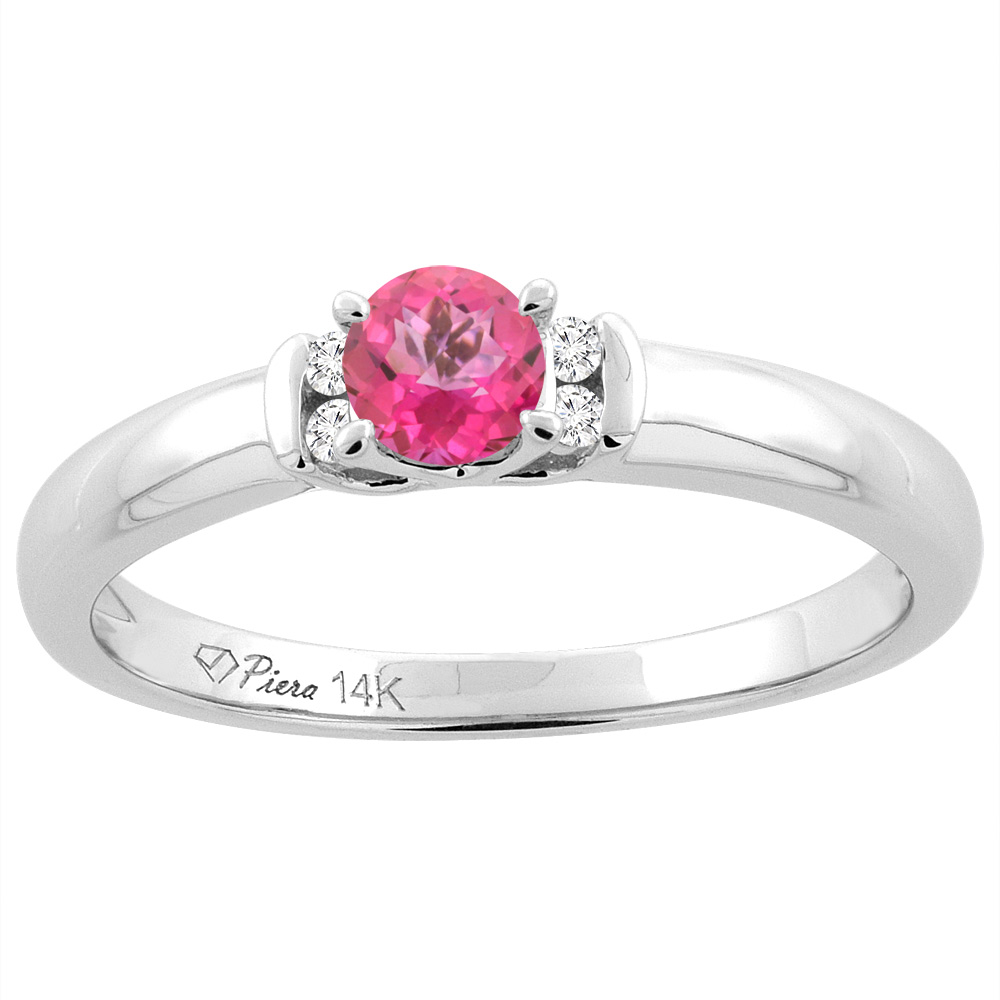 14K White Gold Natural Pink Topaz Engagement Ring Round 4 mm & Diamond Accents, sizes 5 - 10