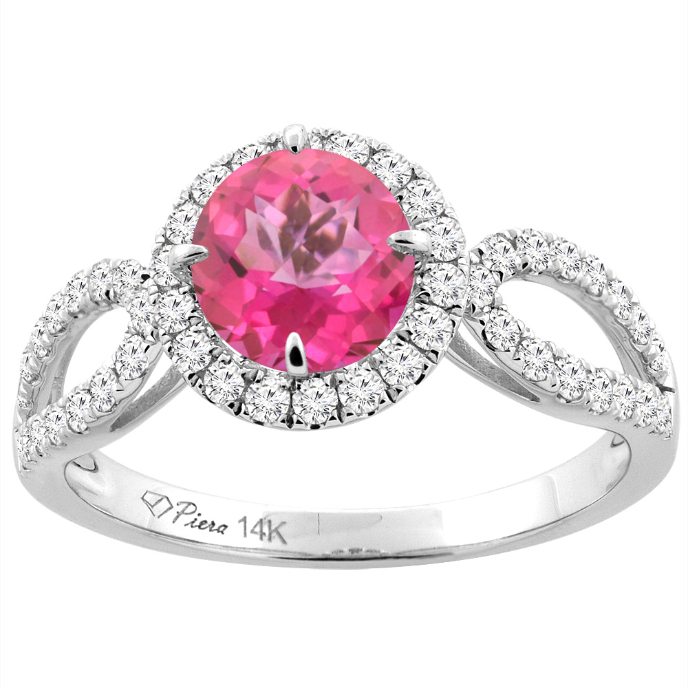 14K White Gold Natural Pink Topaz Engagement Halo Ring Round 6 mm & Diamond Accents, sizes 5 - 10