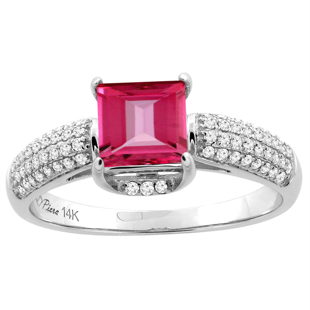 14K White Gold Natural Pink Topaz Engagement Ring Square 6 mm & Diamond Accents, sizes 5 - 10