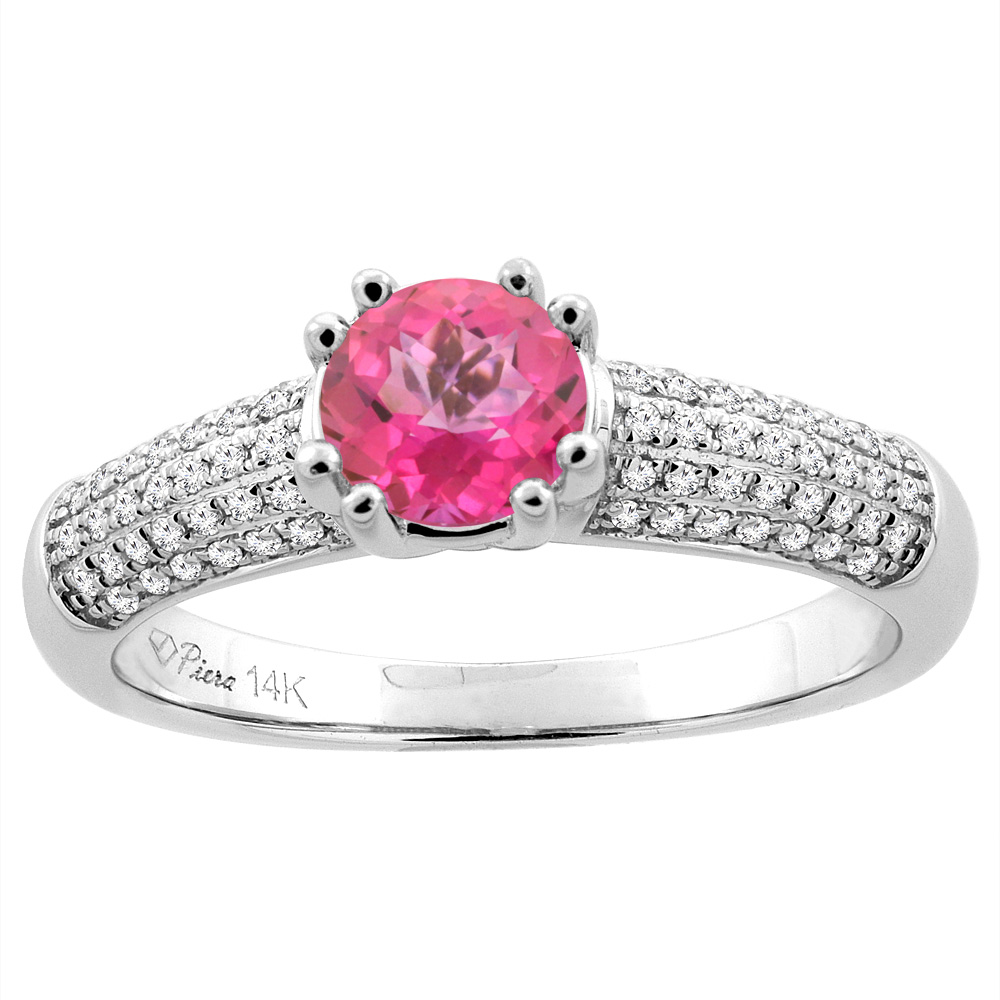 14K White Gold Natural Pink Topaz Engagement Ring Round 6 mm &amp; Diamond Accents, sizes 5 - 10