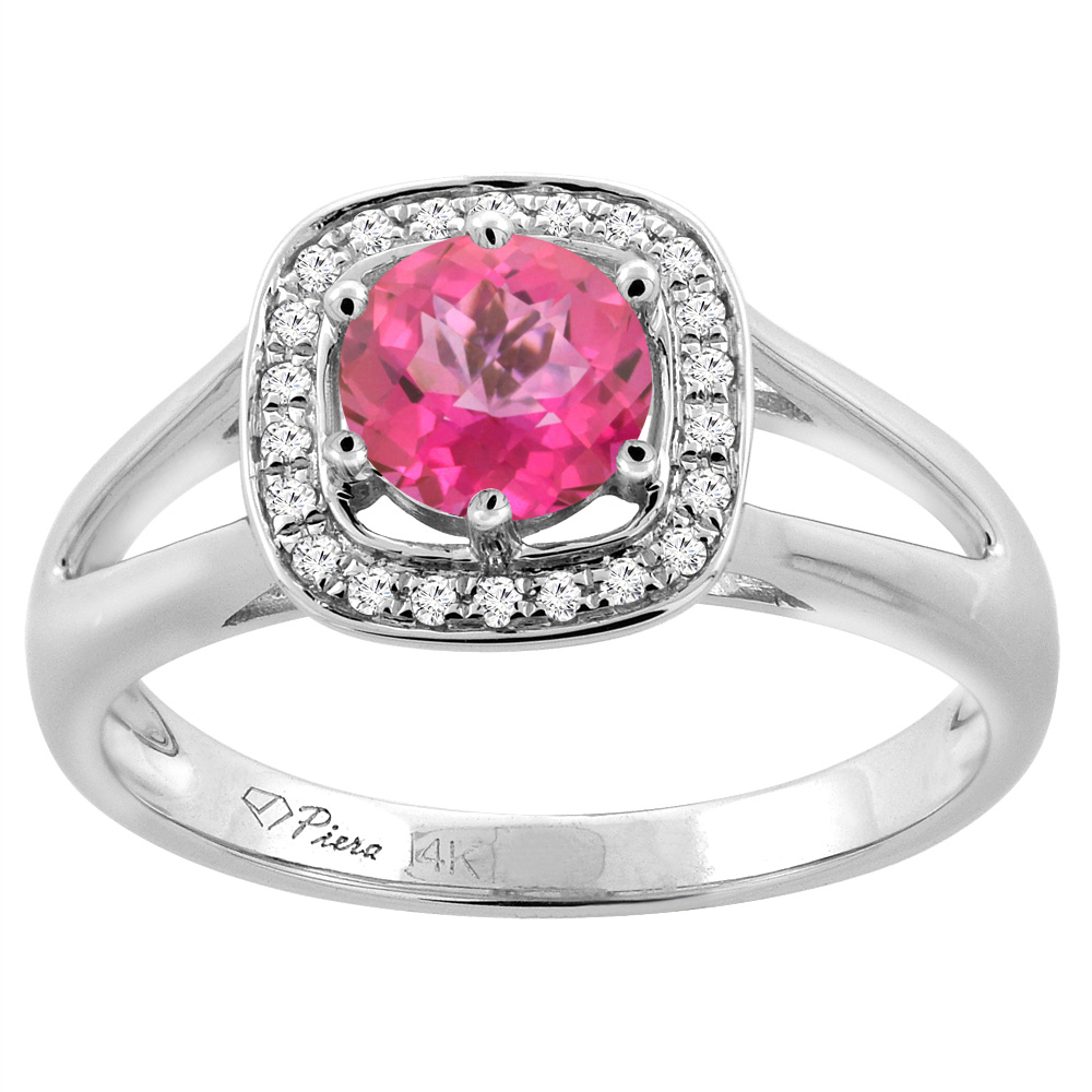14K White Gold Natural Pink Topaz Engagement Halo Ring Round 6 mm &amp; Diamond Accents, sizes 5 - 10