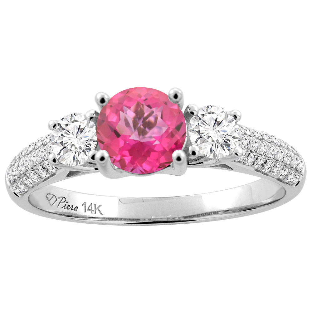 14K White Gold Natural Pink Topaz Engagement Ring Round 6 mm &amp; Diamond Accents, sizes 5 - 10