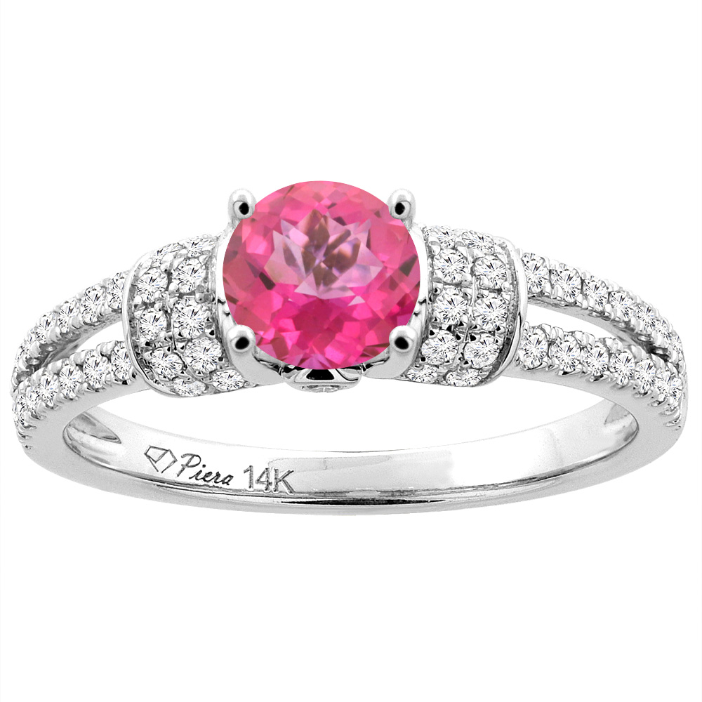 14K White Gold Natural Pink Topaz Engagement Ring Round 6 mm & Diamond Accents, sizes 5 - 10