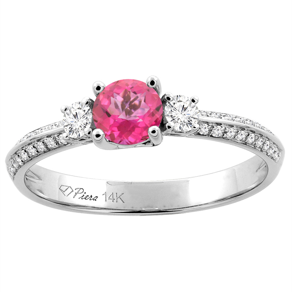 14K White Gold Natural Pink Topaz Engagement Ring Round 5 mm & Diamond Accents, sizes 5 - 10