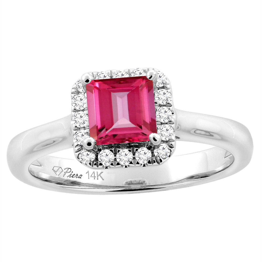 14K White Gold Natural Pink Topaz Halo Engagement Ring Square 5 mm & Diamond Accents, sizes 5 - 10