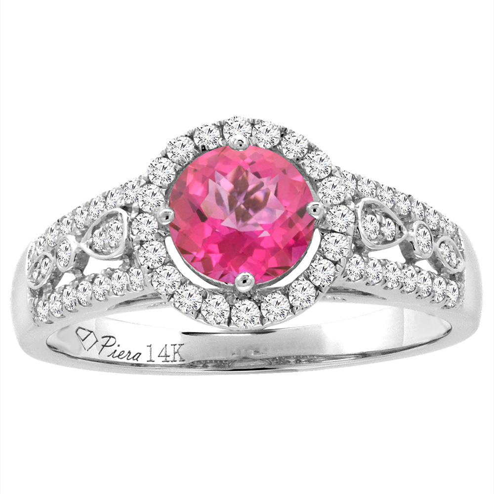14K White Gold Diamond Natural Pink Topaz Engagement Halo Ring Round 7 mm, sizes 5-10