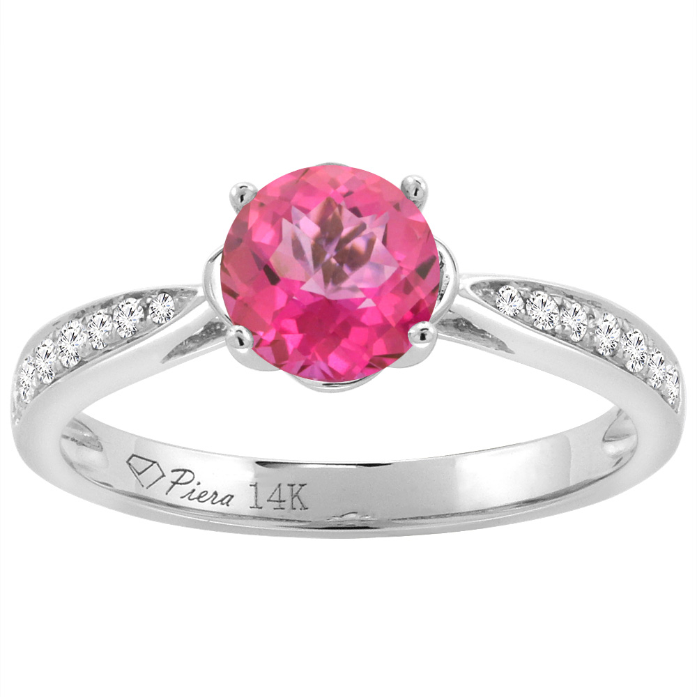 14K Yellow Gold Diamond Natural Pink Topaz Engagement Ring Round 7 mm, sizes 5-10
