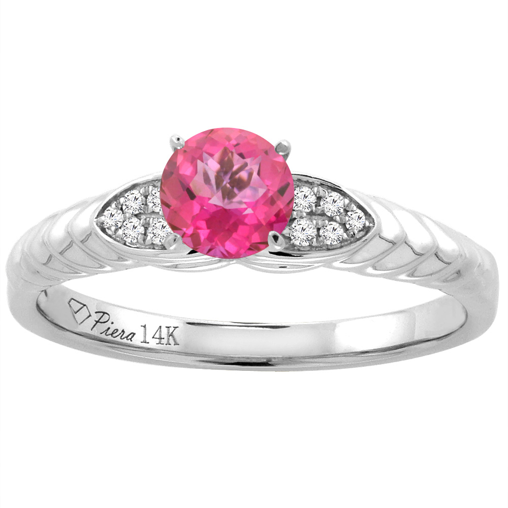 14K White Gold Diamond Natural Pink Topaz Engagement Ring Round 5 mm, sizes 5-10